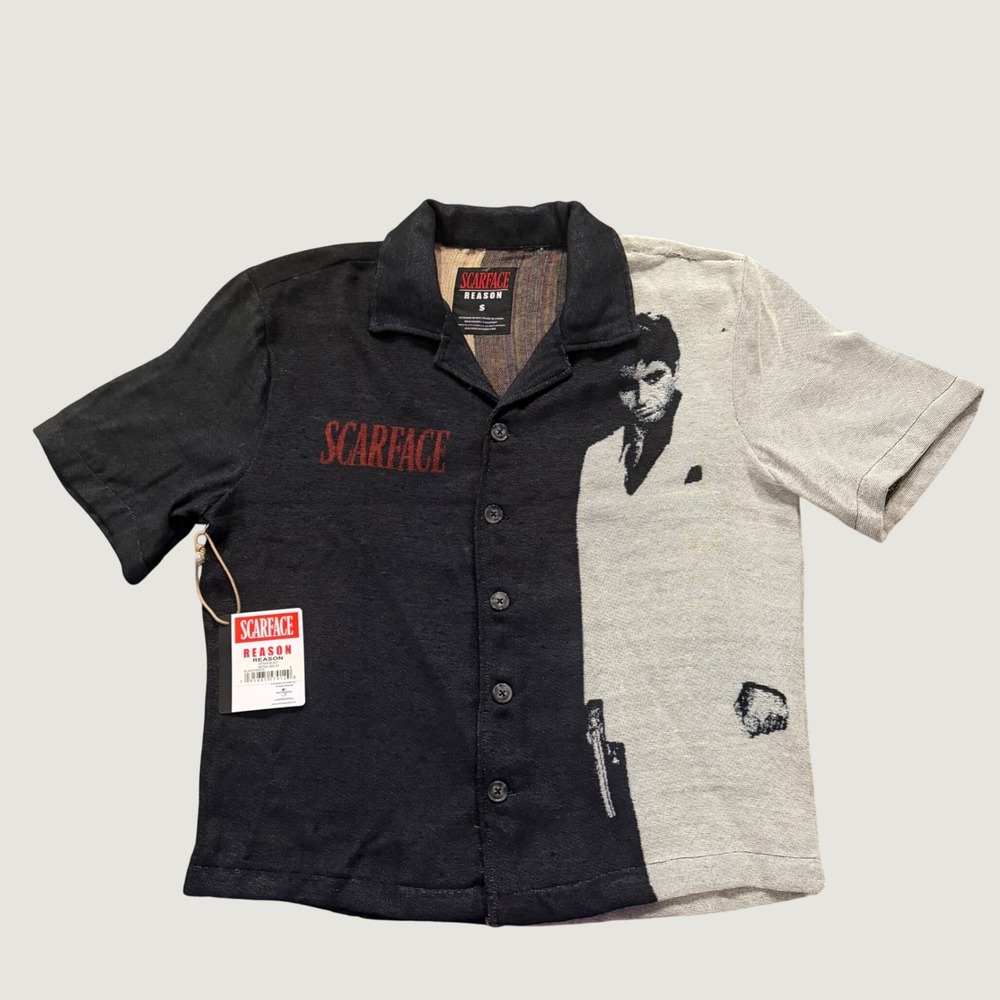 Scarface Tapestry Shirt Small Tony Montana Graphic Woven Button Up Black